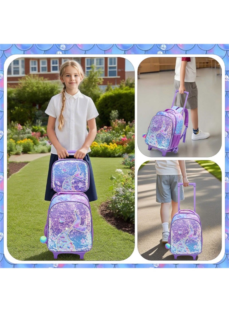 Kids Rolling Backpack, 3 in 1 Trolley Luggage School Bag with Pencil Case and Lunch Bag, Fashion Students Wheeled Bookbag Travel Rucksack for Girls and Boys (LBS, Mermaid Pink) - Image 5