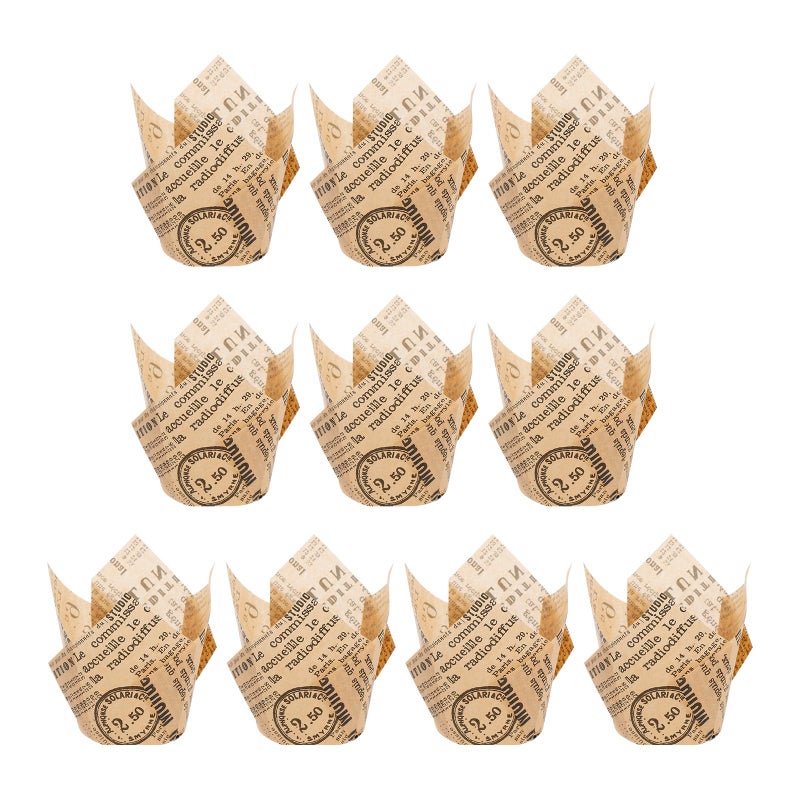 50 Pcs Greaseproof Paper Muffin Cups Coffee Color Newspaper Pattern For Home Baking - Image 2