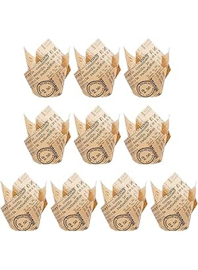 50 Pcs Greaseproof Paper Muffin Cups Coffee Color Newspaper Pattern For Home Baking - Image 1