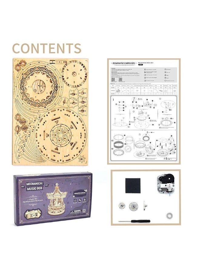 RoWood Rowood Music Box 3D Puzzles for Adults, Mechanical DIY Wooden Toys, Gifts on Birthday/Valentine's Day/Christmas - Romantic Carousel  - Image 1