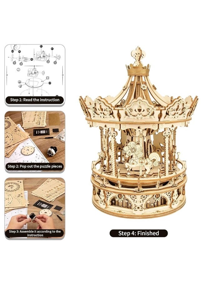 RoWood Rowood Music Box 3D Puzzles for Adults, Mechanical DIY Wooden Toys, Gifts on Birthday/Valentine's Day/Christmas - Romantic Carousel  - Image 2