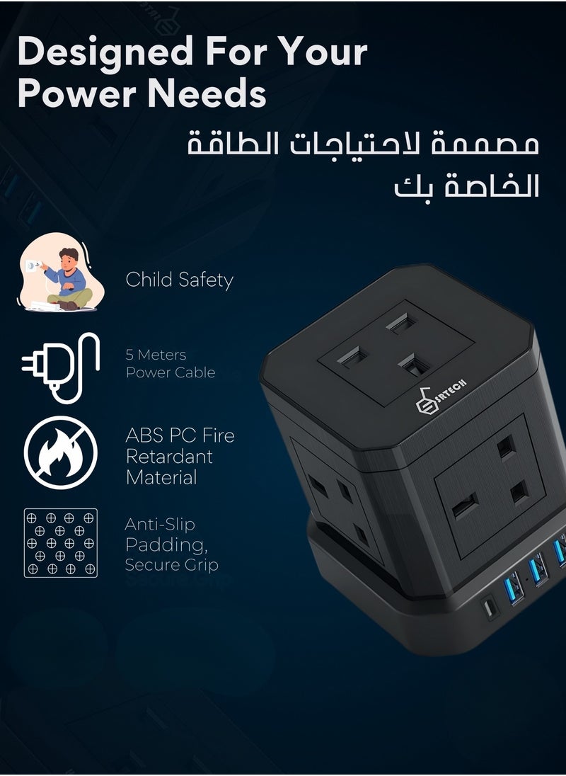 SRTECH SRTECH, Power Strip, 5-Way Plug extension Cord - Power Extension socket with multi Charging stations, Durable fused cord, Cube design, 1-Year warranty (1 USB-C + 3 USB-A)  - Image 4