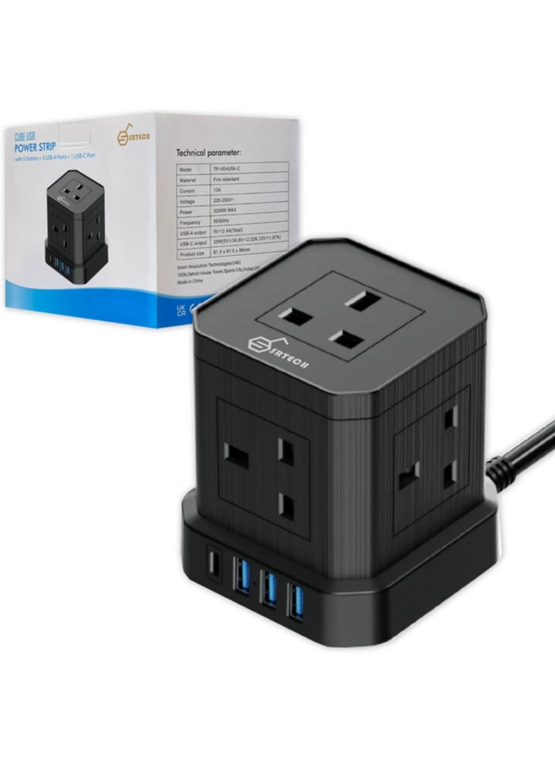 SRTECH SRTECH, Power Strip, 5-Way Plug extension Cord - Power Extension socket with multi Charging stations, Durable fused cord, Cube design, 1-Year warranty (1 USB-C + 3 USB-A)  - Image 1