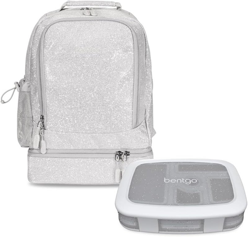 Bentgo صندوق غداء بنتغو كيدز 5 أقسام مع حقيبة ظهر 2 في 1 للأطفال حقيبة غداء معزولة إصدار لامع فضي - Image 1
