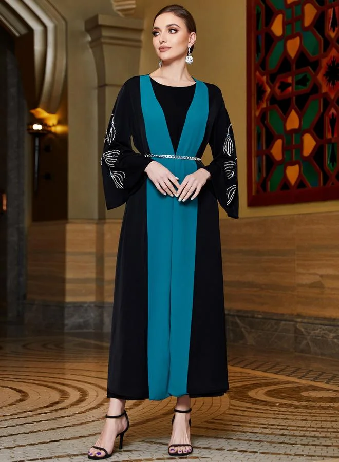 Take Two Women's Colorblocked Long Sleeve with Rhinestone Embellished Abaya