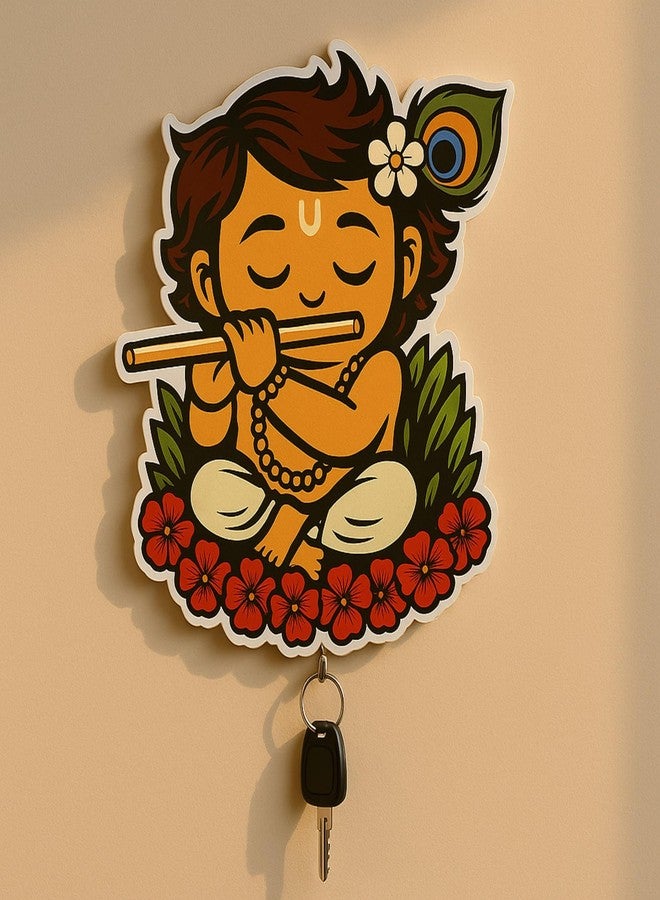 PulGos Stylish Key Holder for Home Decor | Wall Mounted Keys Holders Premium Wooden Key Holder for Home/Office Decor/Hanger for Wall Decor, Decorative Item for Home (Cute Krishna) - Image 4