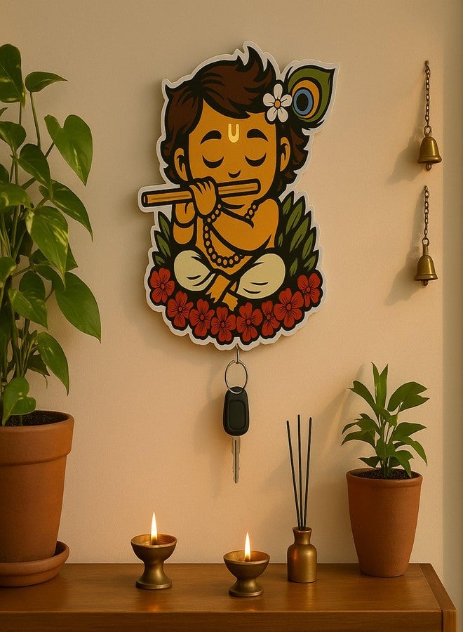 PulGos Stylish Key Holder for Home Decor | Wall Mounted Keys Holders Premium Wooden Key Holder for Home/Office Decor/Hanger for Wall Decor, Decorative Item for Home (Cute Krishna) - Image 3