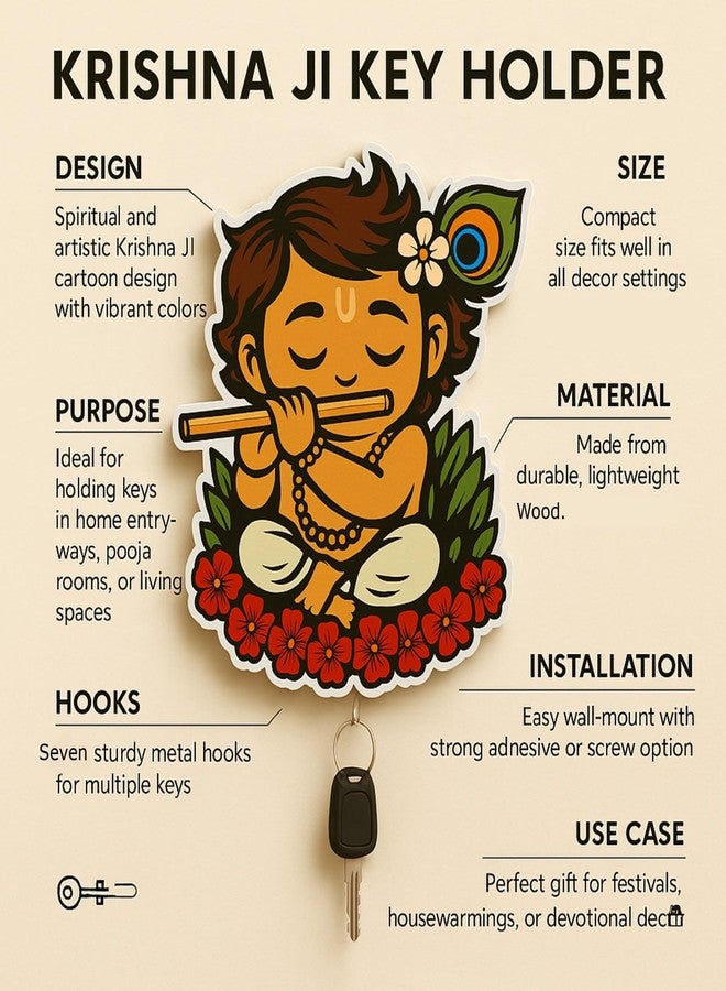 PulGos Stylish Key Holder for Home Decor | Wall Mounted Keys Holders Premium Wooden Key Holder for Home/Office Decor/Hanger for Wall Decor, Decorative Item for Home (Cute Krishna) - Image 2