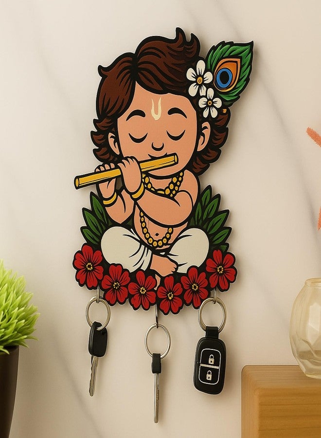 PulGos Stylish Key Holder for Home Decor | Wall Mounted Keys Holders Premium Wooden Key Holder for Home/Office Decor/Hanger for Wall Decor, Decorative Item for Home (Cute Krishna) - Image 1