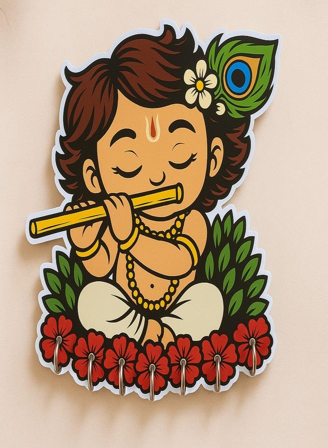 PulGos Stylish Key Holder for Home Decor | Wall Mounted Keys Holders Premium Wooden Key Holder for Home/Office Decor/Hanger for Wall Decor, Decorative Item for Home (Cute Krishna) - Image 5