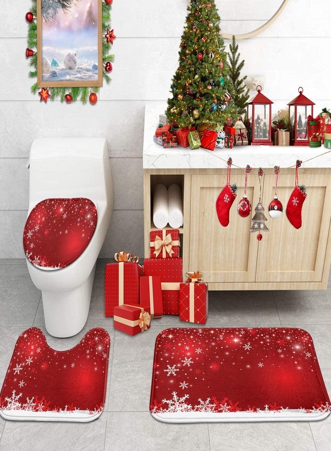 ArtSocket مجموعة ستائر دش 4 قطع من آرت سوكيت بتصميم رقاقات الثلج الحمراء لعيد الميلاد مع سجادات غير قابلة للانزلاق وغطاء مقعد المرحاض وسجادة الحمام مجموعة ديكور الحمام 72" x 72" - Image 5