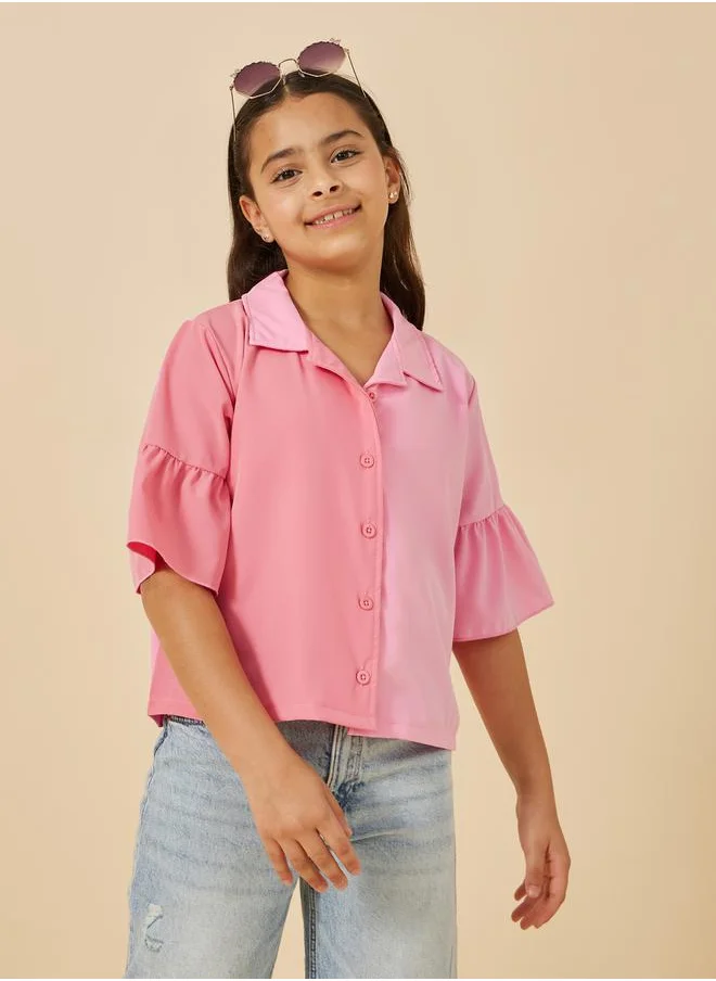 Styli Color Block Ruffled Sleeve Collared Shirt