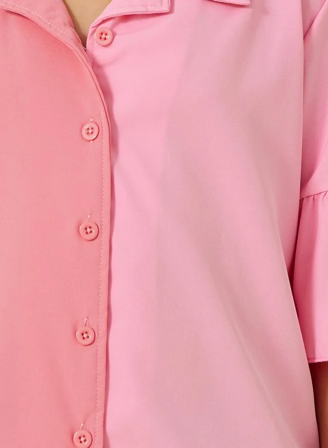 Styli Color Block Ruffled Sleeve Collared Shirt