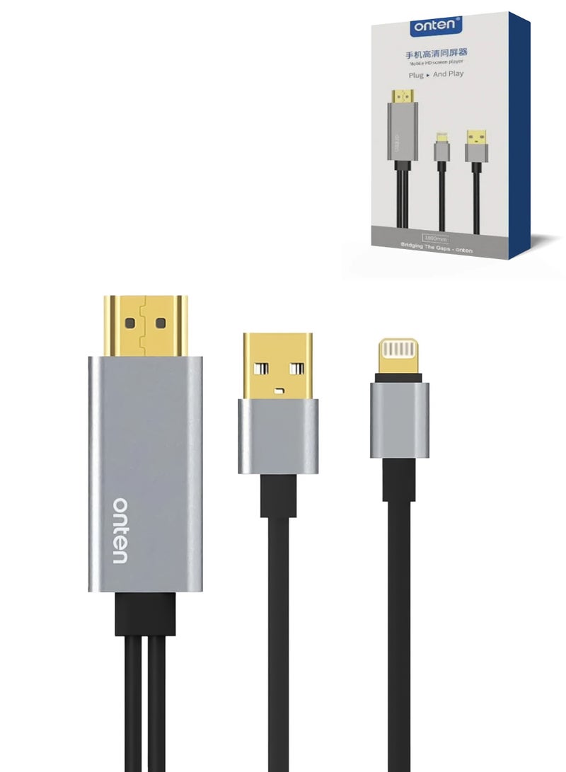 أونتن محول USB إلى HDMI لكابل Lightning إلى HDMI من iPhone إلى التلفزيون، متوافق مع كابل iPhone وiPad إلى HDMI، كابل محول AV رقمي عالي الدقة 1080 بكسل بطول 6 أقدام من iPhone/iPad إلى شاشة العرض التلفزيونية - Image 2