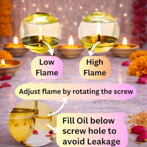 Narayan Bhakti™ Brass akhand Diya, Big Size 250ml | 12 Long Wicks Included | with Wick-Lifting Screw Lever & Borosilicate Glass – Long Burning Oil lamp | deepam for mandir, Home Temple & Festive Use - Image 5