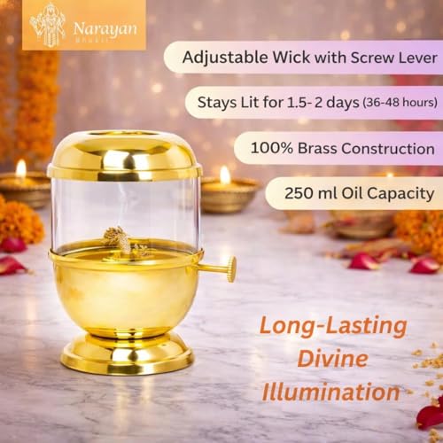 Narayan Bhakti™ Brass akhand Diya, Big Size 250ml | 12 Long Wicks Included | with Wick-Lifting Screw Lever & Borosilicate Glass – Long Burning Oil lamp | deepam for mandir, Home Temple & Festive Use - Image 2