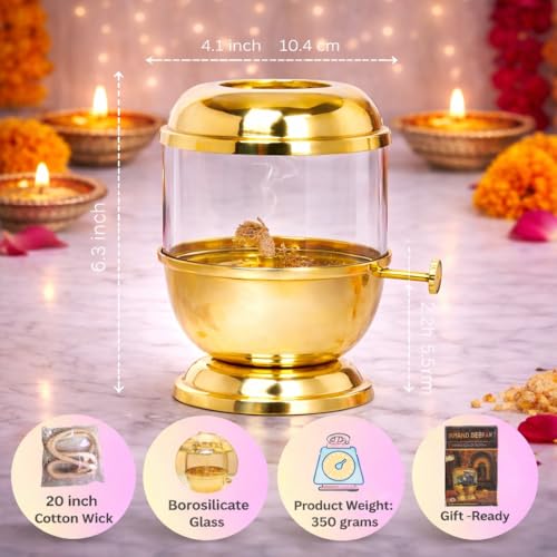 Narayan Bhakti™ Brass akhand Diya, Big Size 250ml | 12 Long Wicks Included | with Wick-Lifting Screw Lever & Borosilicate Glass – Long Burning Oil lamp | deepam for mandir, Home Temple & Festive Use - Image 3