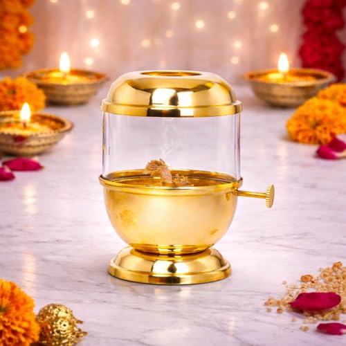 Narayan Bhakti™ Brass akhand Diya, Big Size 250ml | 12 Long Wicks Included | with Wick-Lifting Screw Lever & Borosilicate Glass – Long Burning Oil lamp | deepam for mandir, Home Temple & Festive Use - Image 1