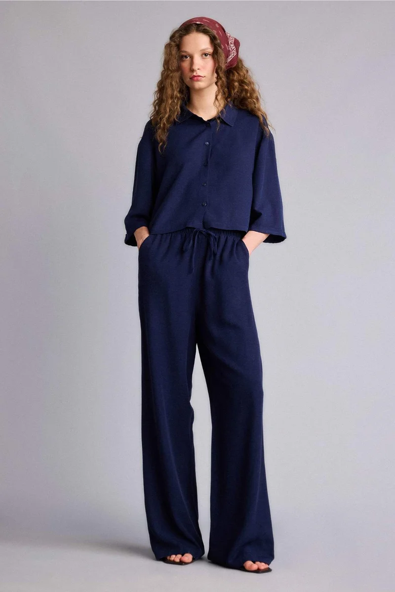 ديفاكتو Wide Leg With Pockets Linen Blended Trousers