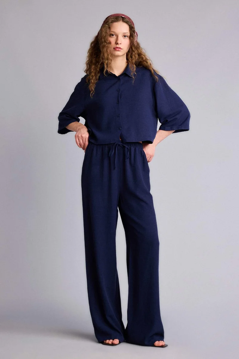 ديفاكتو Wide Leg With Pockets Linen Blended Trousers