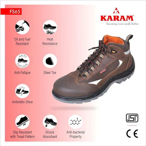 Karam FS65 Brown Leather Safety Shoes for Men with Orange Lining | Double Density with Steel Toe | Antistatic, Antislip, Oil & Heat Resistant | Size-10 - Image 3