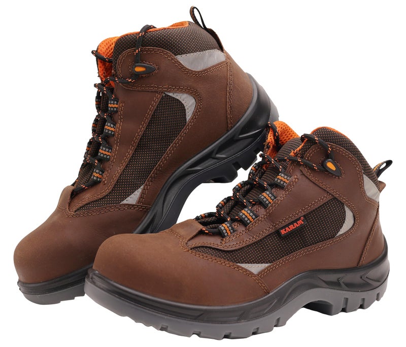 Karam FS65 Brown Leather Safety Shoes for Men with Orange Lining | Double Density with Steel Toe | Antistatic, Antislip, Oil & Heat Resistant | Size-10 - Image 1