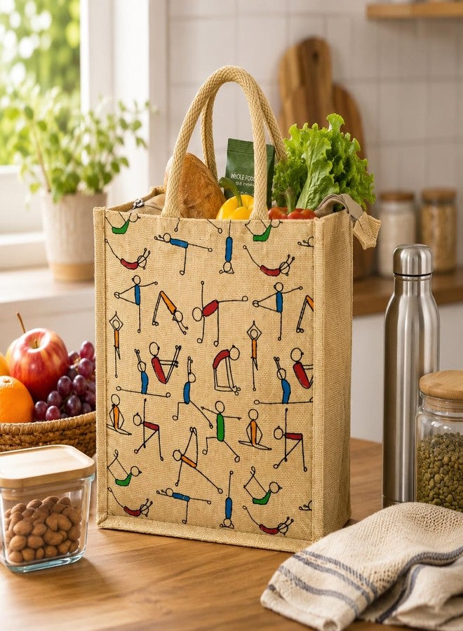 SNDIA Pack of 2 Eco Friendly Reusable Jute Bag, Yoga Printed Jute Bag, Grocery Shopping Bag, Multi-Purpose Bag, Jute Lunch Bag, Sturdy Handle with Zipper Lock (33 * 29 * 12cm) - Image 3