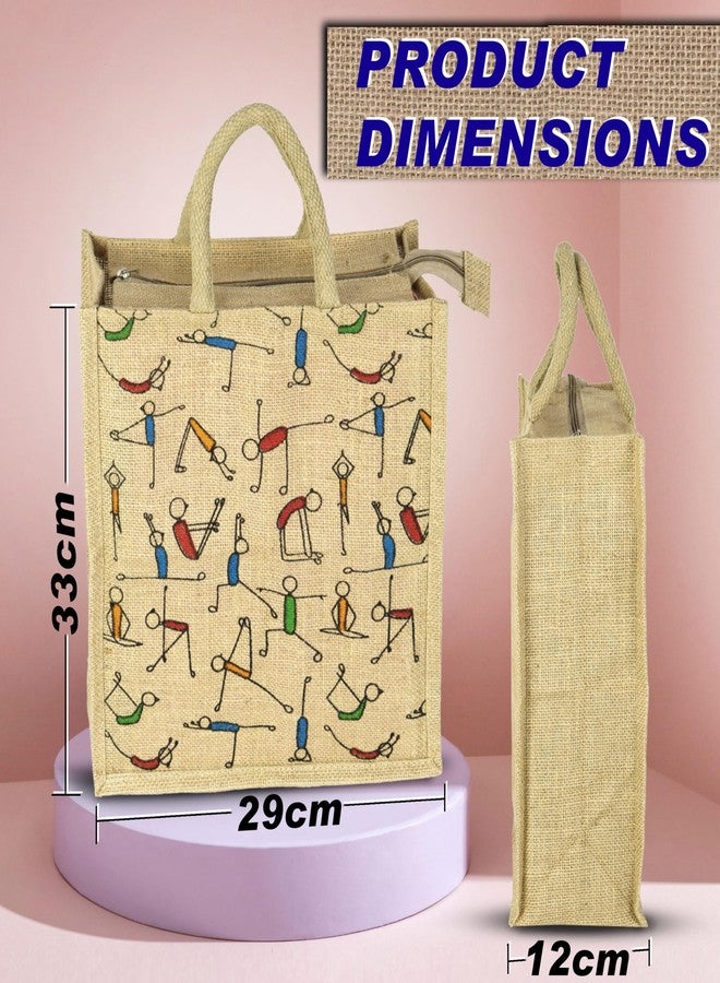 SNDIA Pack of 2 Eco Friendly Reusable Jute Bag, Yoga Printed Jute Bag, Grocery Shopping Bag, Multi-Purpose Bag, Jute Lunch Bag, Sturdy Handle with Zipper Lock (33 * 29 * 12cm) - Image 2