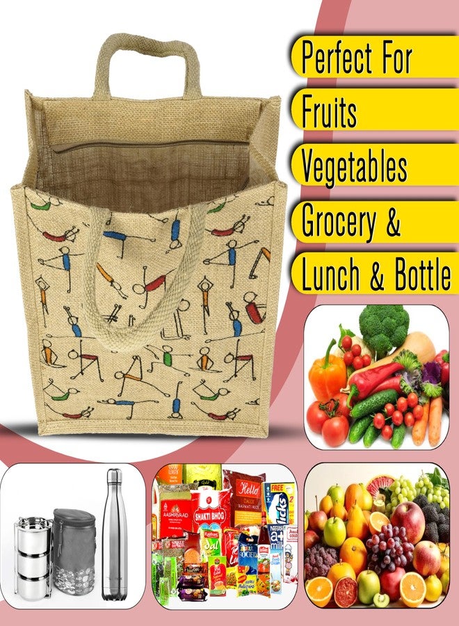 SNDIA Pack of 2 Eco Friendly Reusable Jute Bag, Yoga Printed Jute Bag, Grocery Shopping Bag, Multi-Purpose Bag, Jute Lunch Bag, Sturdy Handle with Zipper Lock (33 * 29 * 12cm) - Image 5