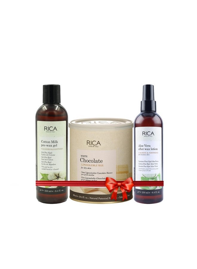 Rica مجموعة شمع الشوكولاتة البيضاء للنساء من ريكَا (1 شمع للجسم، 1 جل حليب القطن قبل الشمع، 1 لوشن الألوة فيرا بعد الشمع، عبوة من 3 قطع) - Image 1