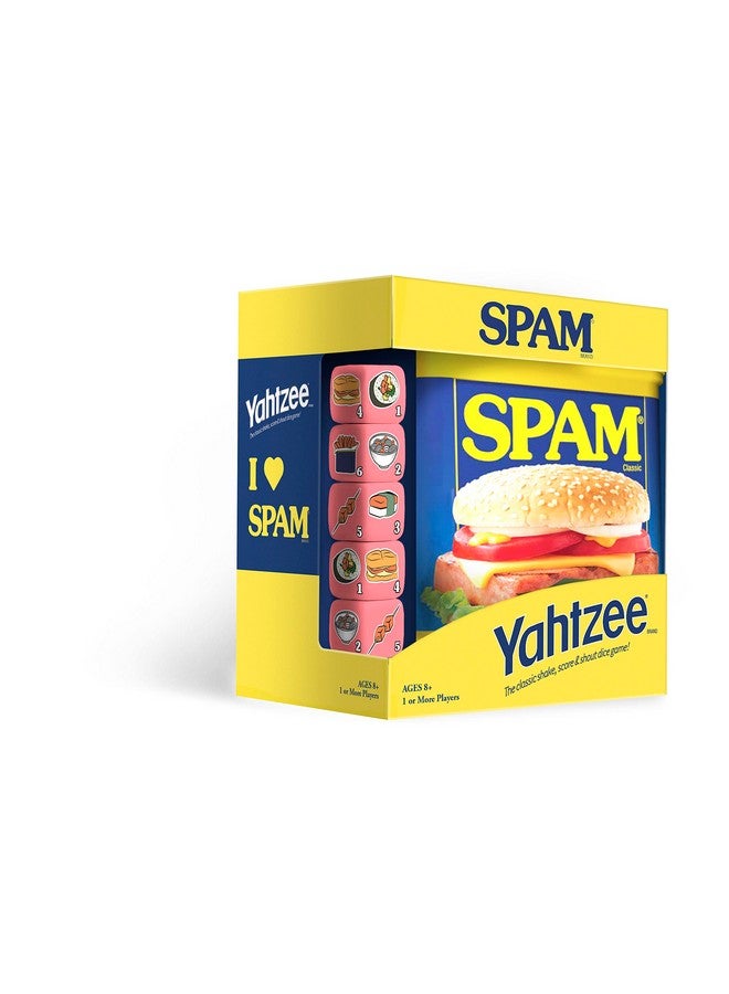 USAopoly YAHTZEE Spam Brand | Collectible Yahtzee Game as Iconic Spam Can with Custom Dice | Dice Featuring Fried Spam, Spam Musubi, Spam Fries | Travel Yahtzee Game & Dice Game - Image 1