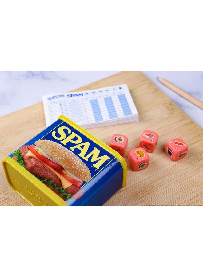 USAopoly YAHTZEE Spam Brand | Collectible Yahtzee Game as Iconic Spam Can with Custom Dice | Dice Featuring Fried Spam, Spam Musubi, Spam Fries | Travel Yahtzee Game & Dice Game - Image 2