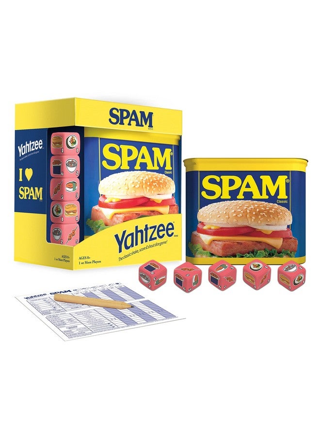 USAopoly YAHTZEE Spam Brand | Collectible Yahtzee Game as Iconic Spam Can with Custom Dice | Dice Featuring Fried Spam, Spam Musubi, Spam Fries | Travel Yahtzee Game & Dice Game - Image 4