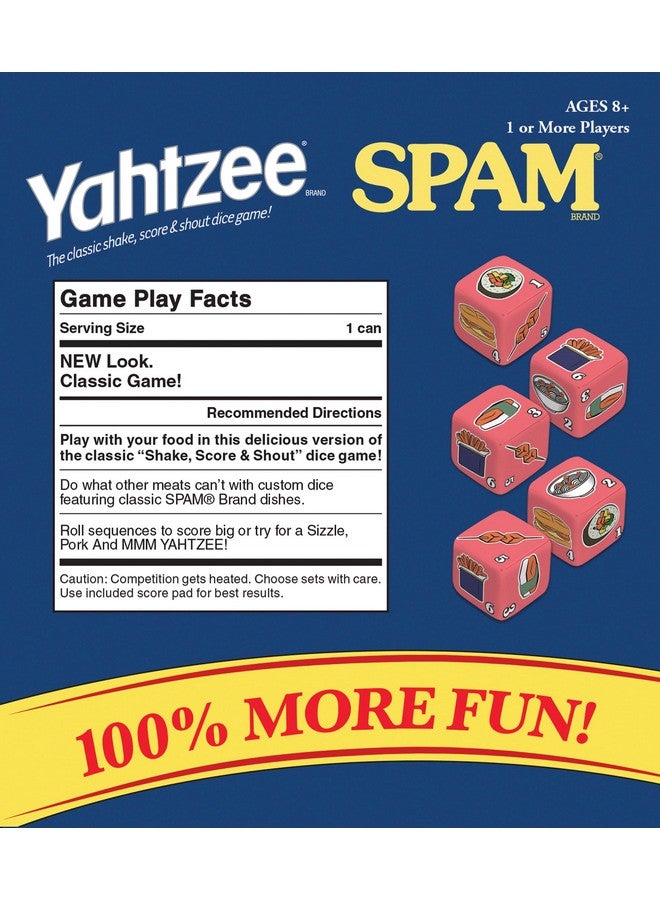 USAopoly YAHTZEE Spam Brand | Collectible Yahtzee Game as Iconic Spam Can with Custom Dice | Dice Featuring Fried Spam, Spam Musubi, Spam Fries | Travel Yahtzee Game & Dice Game - Image 3