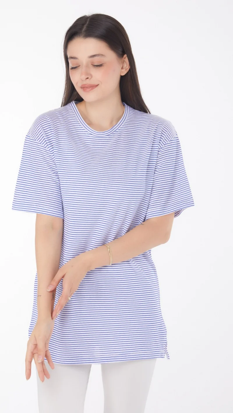Tofisa Plain Crew Neck Women's Navy Blue Striped Short Sleeve T-Shirt - 25760