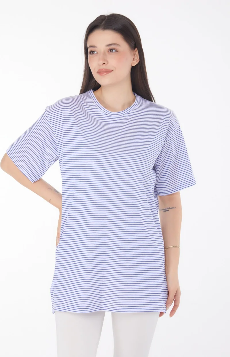 Tofisa Plain Crew Neck Women's Navy Blue Striped Short Sleeve T-Shirt - 25760