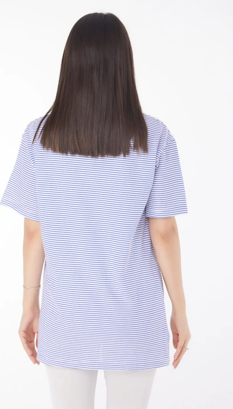 Tofisa Plain Crew Neck Women's Navy Blue Striped Short Sleeve T-Shirt - 25760