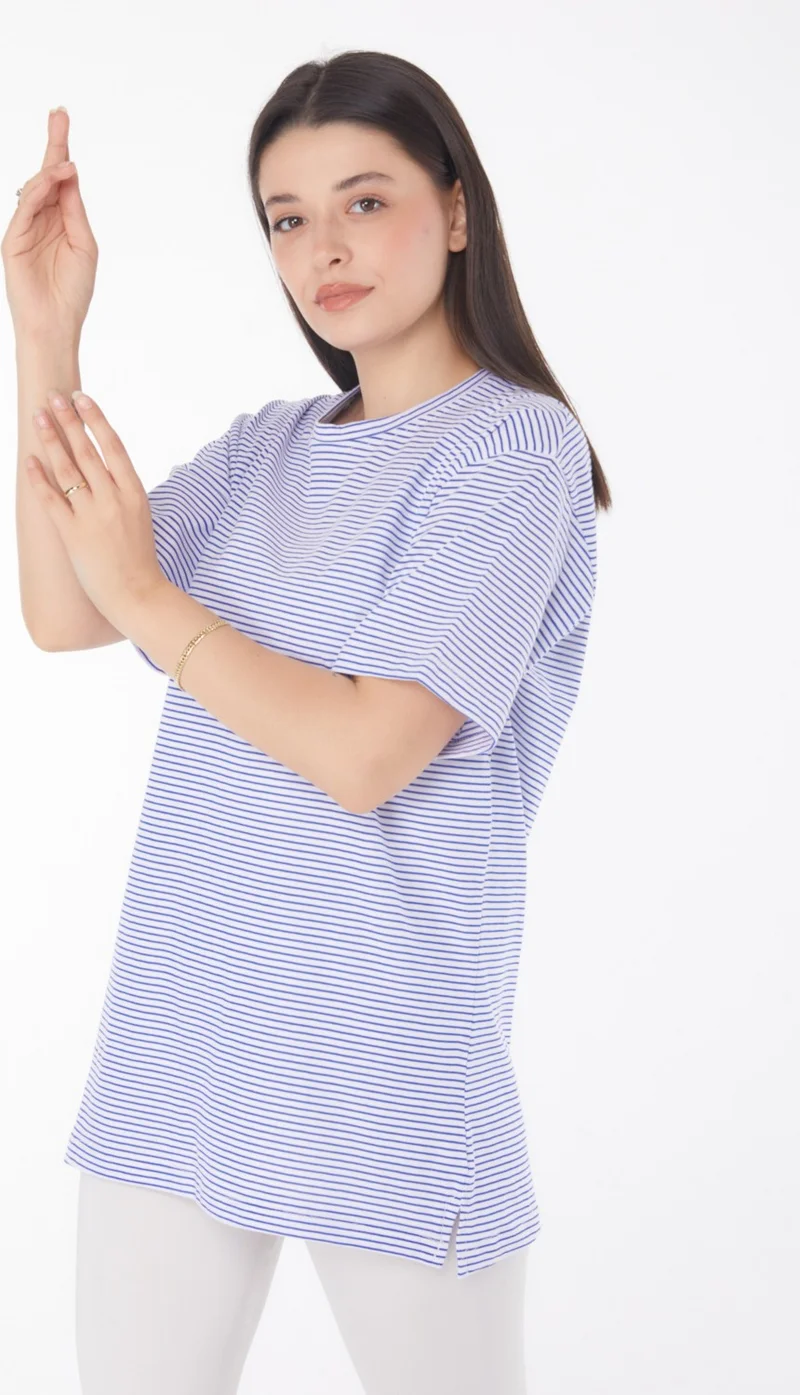 Tofisa Plain Crew Neck Women's Navy Blue Striped Short Sleeve T-Shirt - 25760