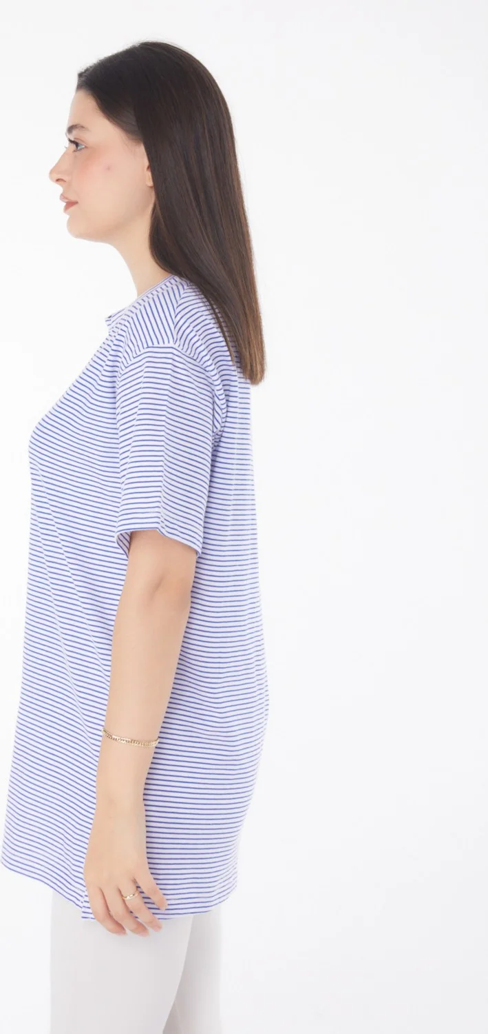 Tofisa Plain Crew Neck Women's Navy Blue Striped Short Sleeve T-Shirt - 25760