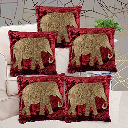 IM FAB® Elephant Velvet Cushion Cover Set of 5 Pcs(16x16 inchs or 40x40 cm)-Maroon - Image 1