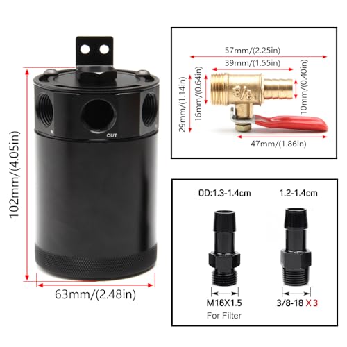 WENJTP Universal 150ml Car Oil Catch Can Kit Reservoir Tank, Compact Baffled 3-Port Oil Separator 2 Inlets 1 Outlet Black with Breather Filter + Drain Valve HTRACING - Image 2