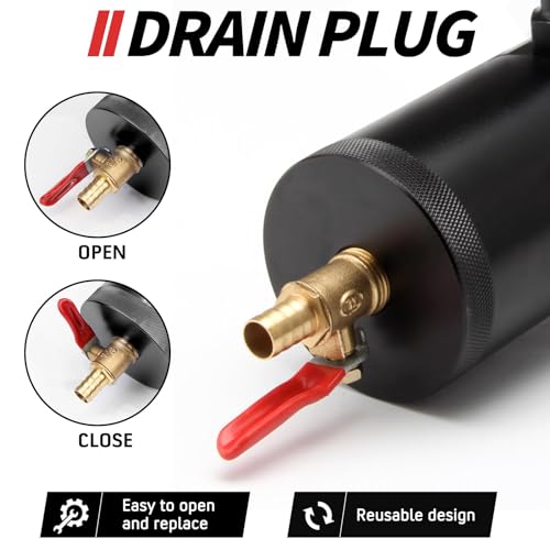WENJTP Universal 150ml Car Oil Catch Can Kit Reservoir Tank, Compact Baffled 3-Port Oil Separator 2 Inlets 1 Outlet Black with Breather Filter + Drain Valve HTRACING - Image 5