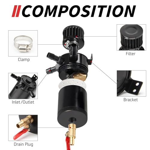 WENJTP Universal 150ml Car Oil Catch Can Kit Reservoir Tank, Compact Baffled 3-Port Oil Separator 2 Inlets 1 Outlet Black with Breather Filter + Drain Valve HTRACING - Image 4