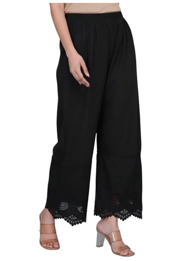 leriya fashion بنطلون ليريا الأنيق للنساء | بنطلون بالازو قطني بنقشة عرقية مع تطريز دانتيل | بنطلون نسائي واسع الساقين بخصر مطاطي | بنطلون صيفي مريح للنساء | أسود | 36 - Image 1