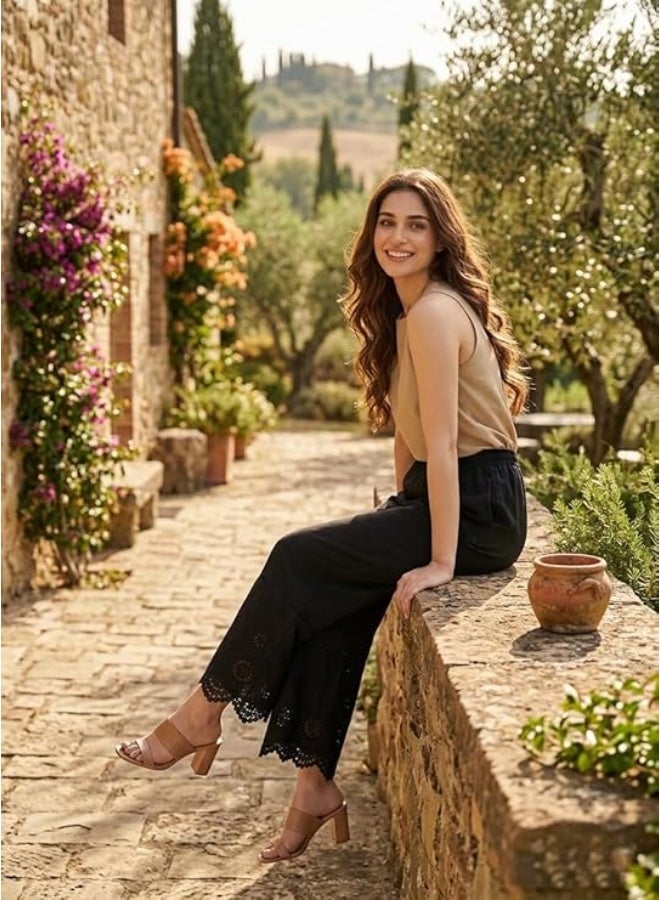 leriya fashion بنطلون ليريا الأنيق للنساء | بنطلون بالازو قطني بنقشة عرقية مع تطريز دانتيل | بنطلون نسائي واسع الساقين بخصر مطاطي | بنطلون صيفي مريح للنساء | أسود | 36 - Image 3