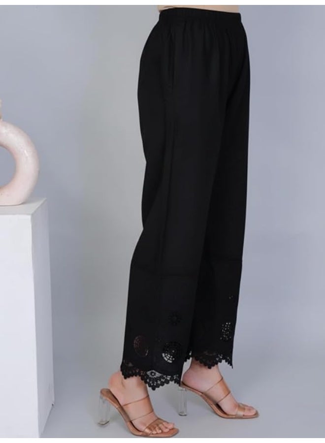 leriya fashion بنطلون ليريا الأنيق للنساء | بنطلون بالازو قطني بنقشة عرقية مع تطريز دانتيل | بنطلون نسائي واسع الساقين بخصر مطاطي | بنطلون صيفي مريح للنساء | أسود | 36 - Image 2