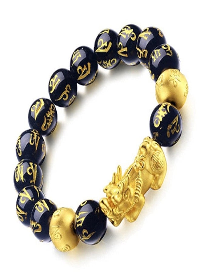 GEMTUB Feng Shui Black Obsidian Pixiu | Om Mani Bracelet with Gold Plated Pi Xiu/Pi Yao Dragon Design 10mm Beads Size - Image 1