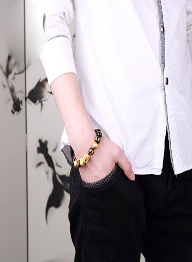 GEMTUB Feng Shui Black Obsidian Pixiu | Om Mani Bracelet with Gold Plated Pi Xiu/Pi Yao Dragon Design 10mm Beads Size - Image 3