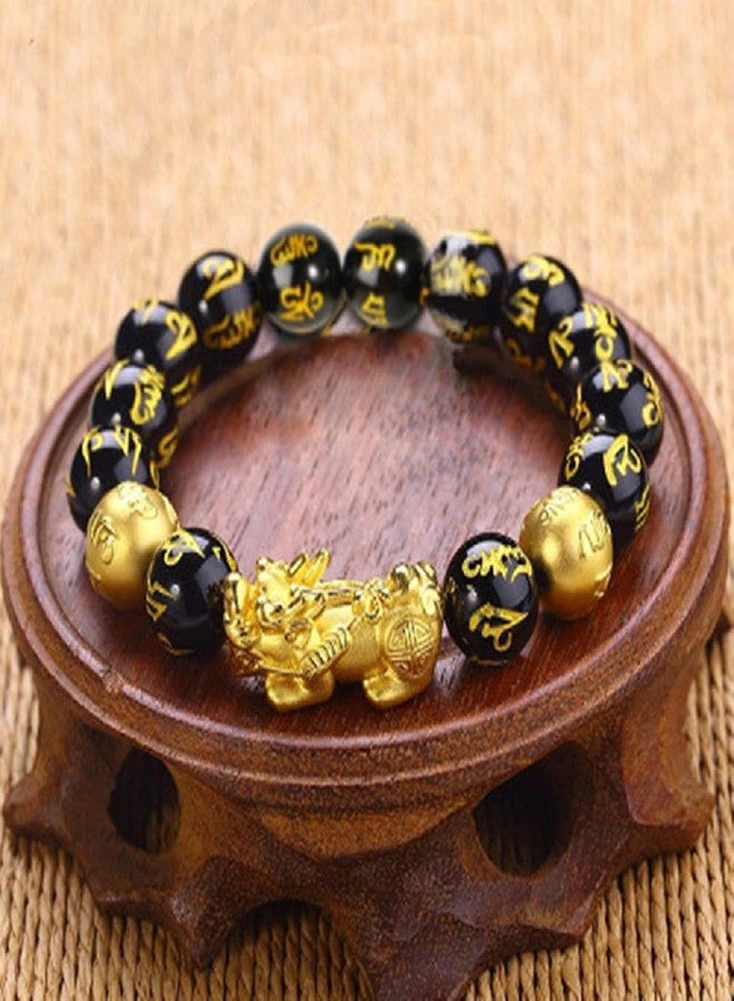 GEMTUB Feng Shui Black Obsidian Pixiu | Om Mani Bracelet with Gold Plated Pi Xiu/Pi Yao Dragon Design 10mm Beads Size - Image 4