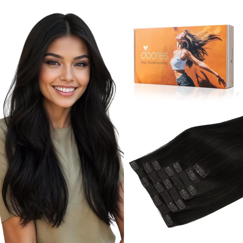 DOORES Clip in Hair Extensions Invisible Edge Jet Black 150g 7pcs 22 Inch Clip in Virgin Hair Extensions Thick Weft for Women